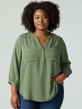 Torrid Harper Blouse Size 2 2X Olive Green 3/4 Sleeve Pocket Top NWOT